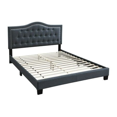 Benjara Button Tufted Full Burlap Bed with Curved Headboard, Charcoal Gray