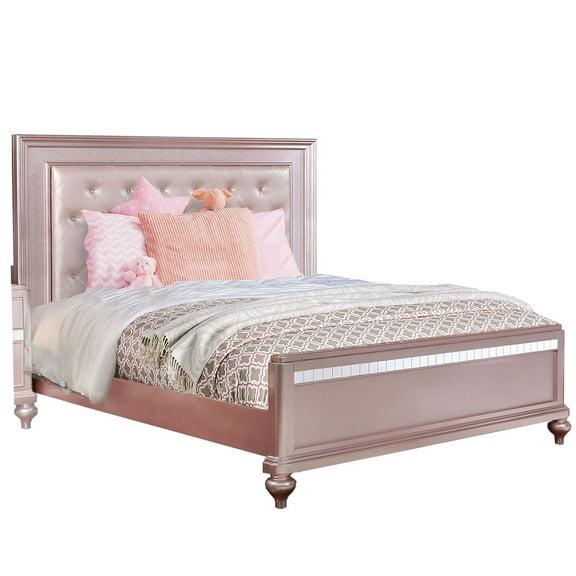 Button Tufted Full Size Bed with Leatherette Headboard Rose Gold