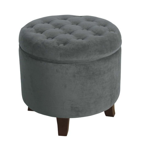 Benjara Button Tufted Velvet Upholstered Wooden Ottoman with Hidden Storage, Light Gray and Brown