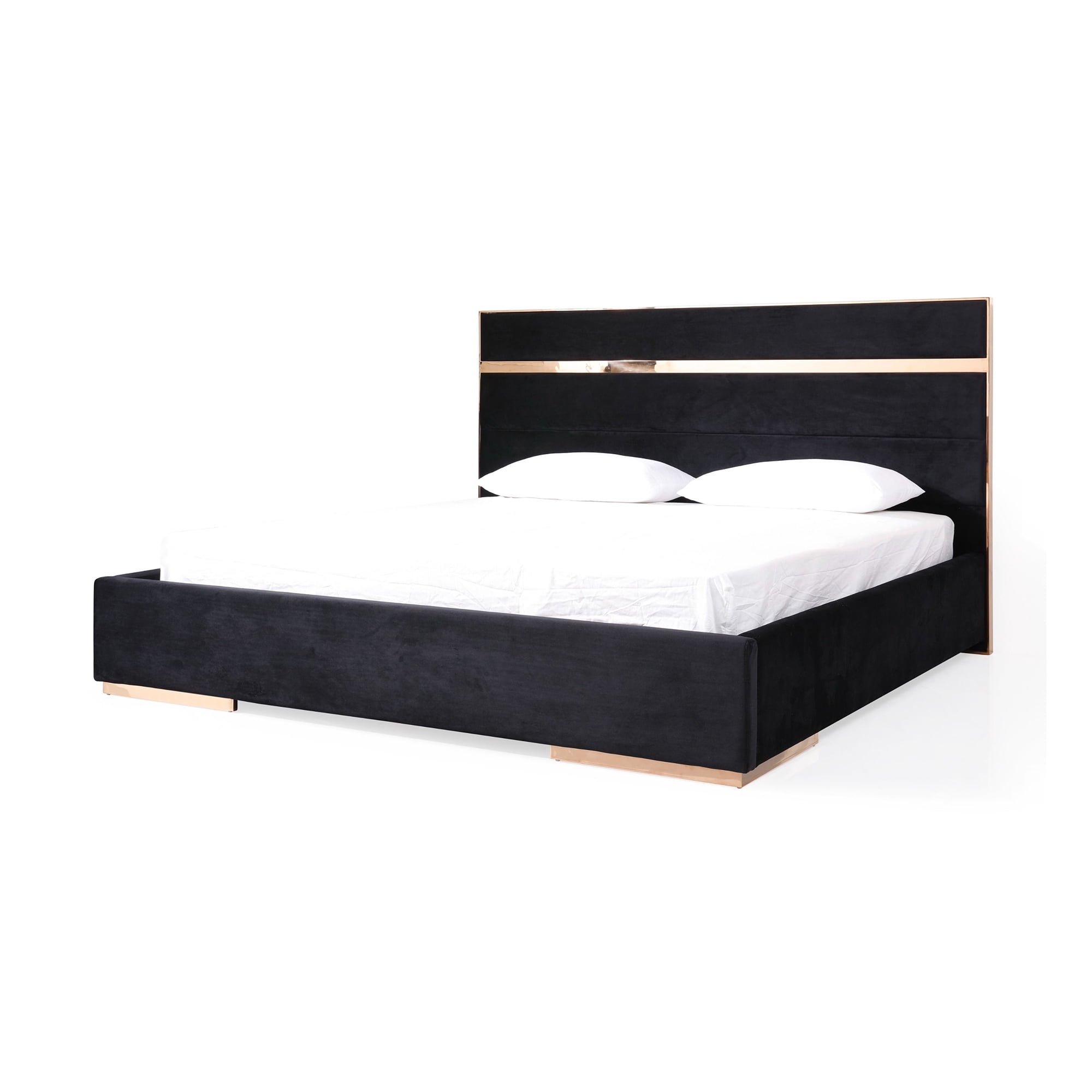Caer Platform King Bed, Black Velvet Upholstery, Rose Gold Steel