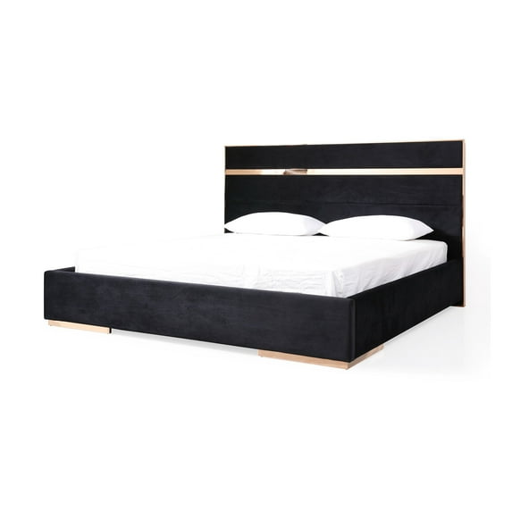 Caer Platform King Bed, Black Velvet Upholstery, Rose Gold Steel