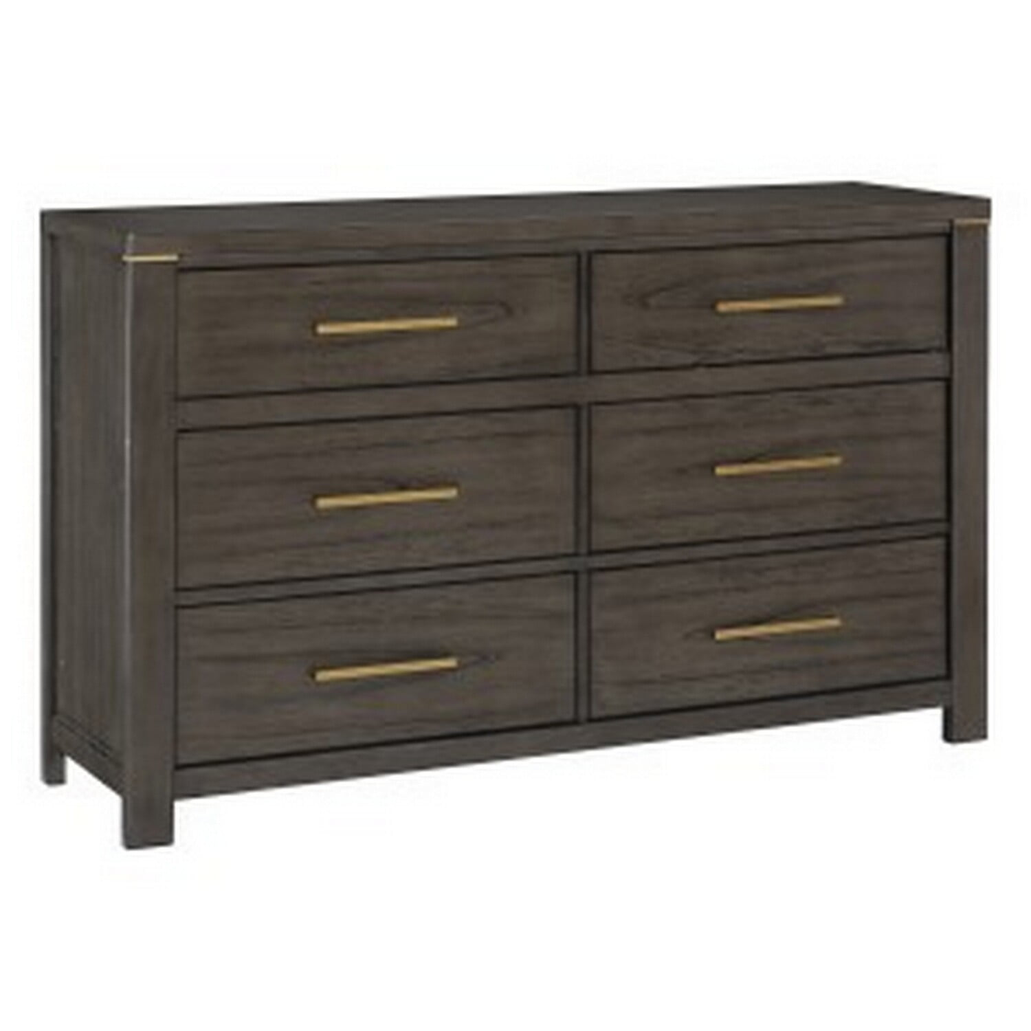 Benjara Carie 65 Inch Dresser, 6 Drawers, Gold Accent Handles, Brown Gray Wood