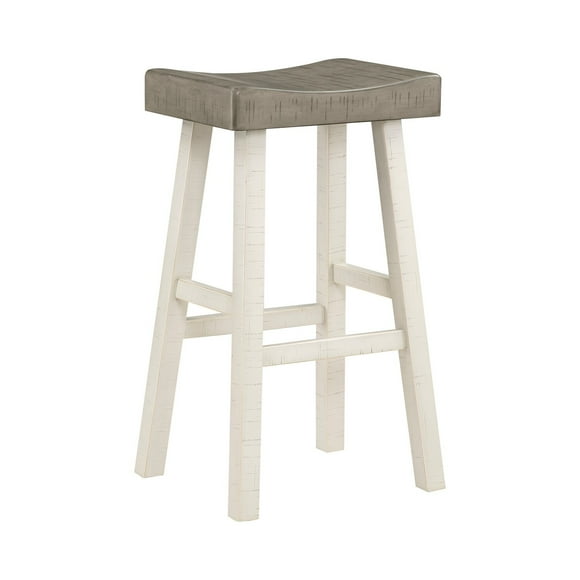 Benjara Casy 30 Inch Bar Height Stool, Gray Saddle Seat, White Rubberwood, Set of 2