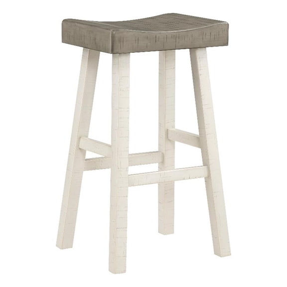 Casy 30 Inch Bar Height Stool- Gray Saddle Seat- White Rubberwood- Set of 2