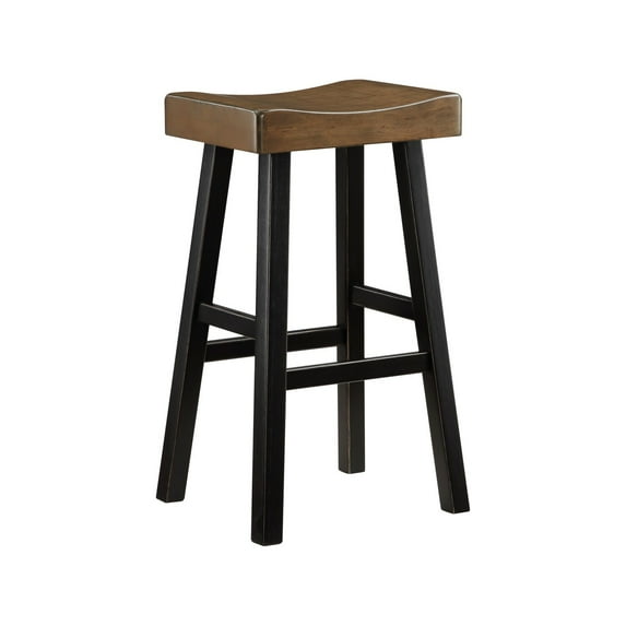 Benjara Casy 30 Inch Bar Height Stool, Brown Saddle Seat, Black Rubberwood, Set of 2-Color:Brown