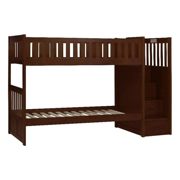 Catherine Twin over Twin Bunk Bed- Storage Step- Solid Wood- Dark Brown