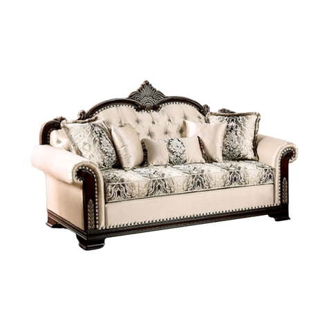 Catie 87 Inch Sofa, Nailhead, Beige Rolled Arms, Cherry Brown Solid Wood