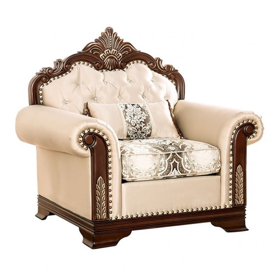 Catie Accent Chair- Beige Rolled Arms- Nailhead- Cherry Brown Solid Wood