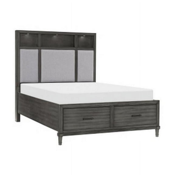 Celia Queen Platform Bed- 2 Drawers- Shelves on Headboard- Pebble Gray