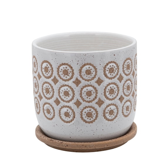 Ceramic Planter with Floral Motif Pattern and Saucer, Beige and White- Saltoro Sherpi