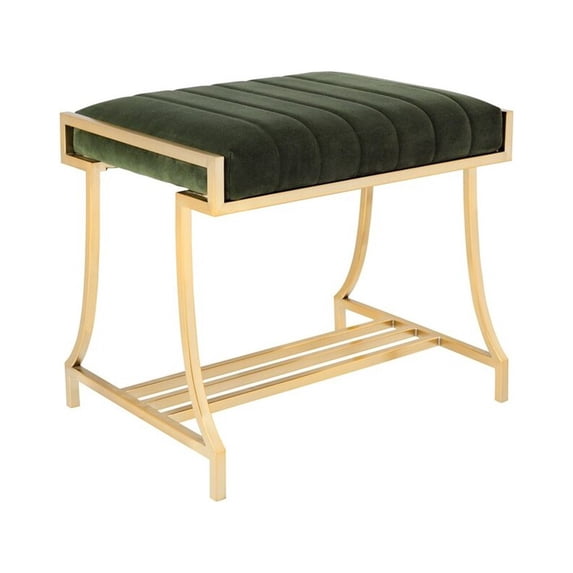 Benjara Channel Tufted Fabric Vanity Stool with Metal Legs, Green and Gold