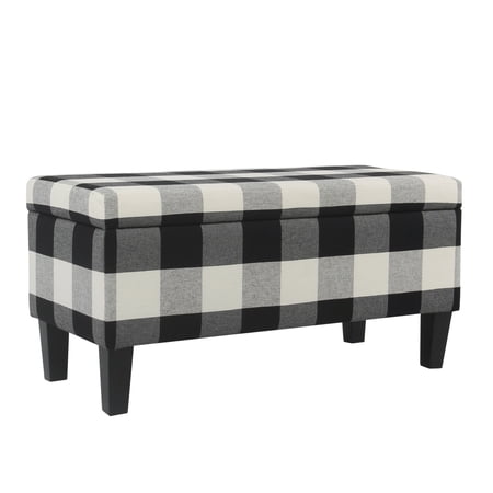 Benjara Checkered Pattern Fabric Upholstered Storage Bench With Tapered Wood Legs, Large, Black and White