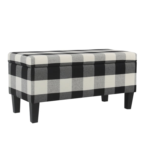 Benjara Checkered Pattern Fabric Upholstered Storage Bench With Tapered Wood Legs, Large, Black and White