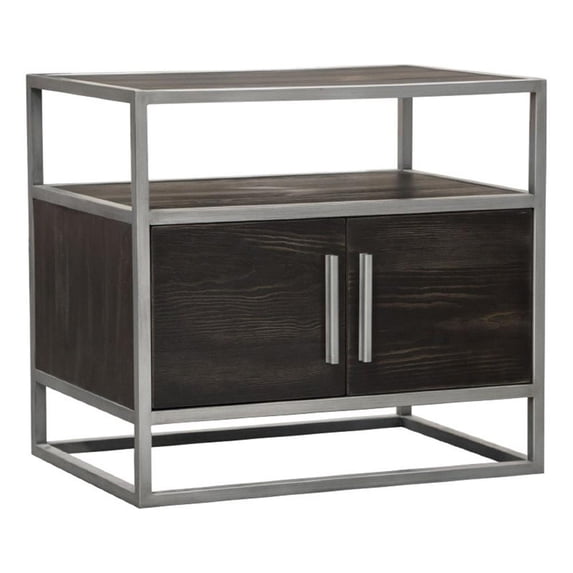 Benjara Chek 26" Side Table NightStand-2 Doors-1 Shelf- Dark Brown-Silver Steel