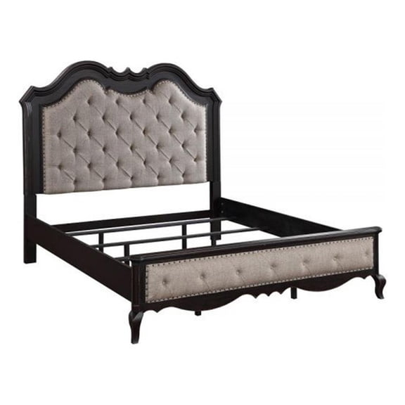 Benjara Chery King Size Bed with Button Tufted Headboard-Beige Upholstery-Black