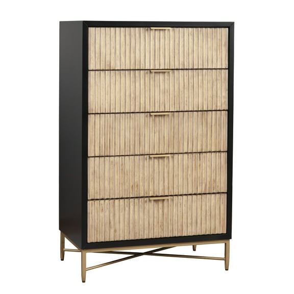 Benjara Chest with 5 Corrugated Drawers and Metal Base, Black