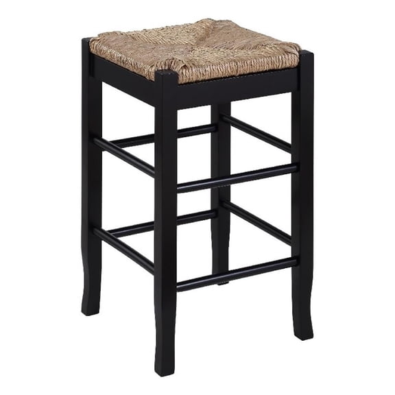 Chris 24 Inch Counter Stool with Wood Frame, Handwoven Rush Seat, Black