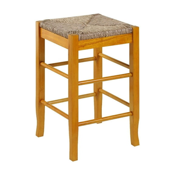 Benjara Chris 24 Inch Counter Stool with Wood Frame, Handwoven Rush Seat, Oak Brown