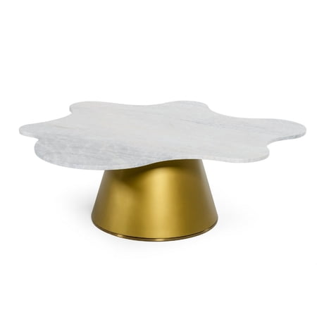 Benjara Cid 47 Inch Modern Coffee Table, White Marble Top, Cone Gold Base