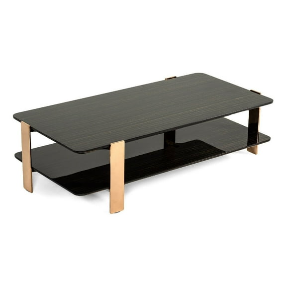 Benjara Cid 55 Inch Modern Coffee Table, 1 Shelf, High Gloss, Ebony, Rose Gold