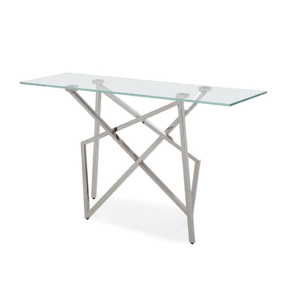 Benjara Cid 55 Inch Modern Metal Console Table, Tempered Glass, Silver and Clear