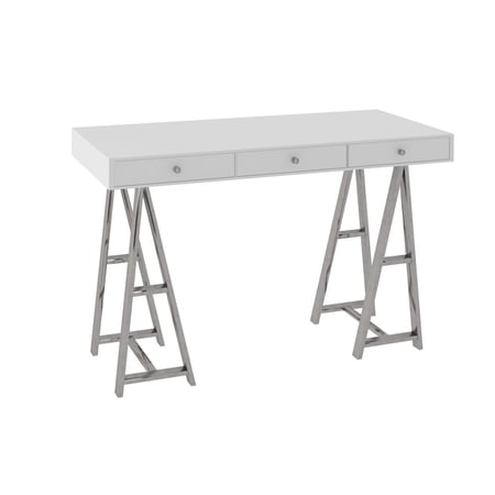 Benjara Cid 59 Inch Modern Office Desk Console Table, 3 Drawer, Trestle Base, White