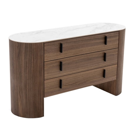 Cid Anay 55 Inch Dresser, Faux White Marble Top, Walnut Veneer, 3 Drawers