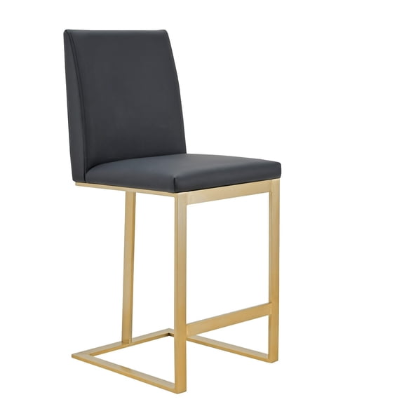 Benjara Cid Anki Counter Stool Chair, Dark Gray Faux Leather, Brass Stainless Steel
