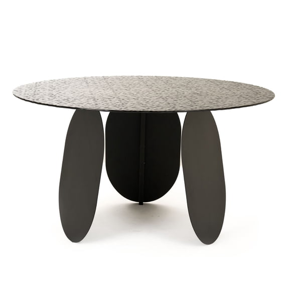 Benjara Cid Axen Dining Table, 53 Inch Gray Hammered Glass Top, Black Iron
