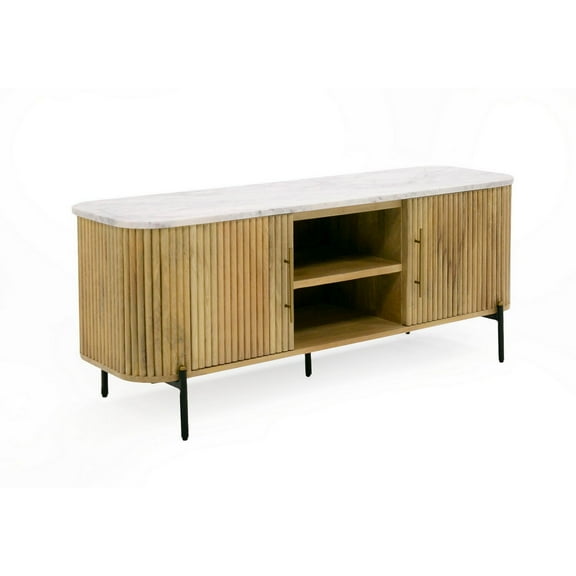 Benjara Cid Jolie 53" TV Entertainment Console- 2 Doors- White Marble- Brown