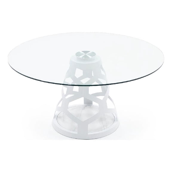 Cid Loku Dining Table- 59 Inch Round Clear Glass Top- White Metal Base