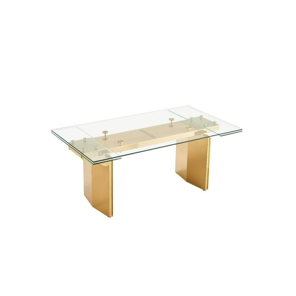 Benjara Cid Naso Dining Table, 71-94 Inch Extendable Glass Top, Gold Steel Base