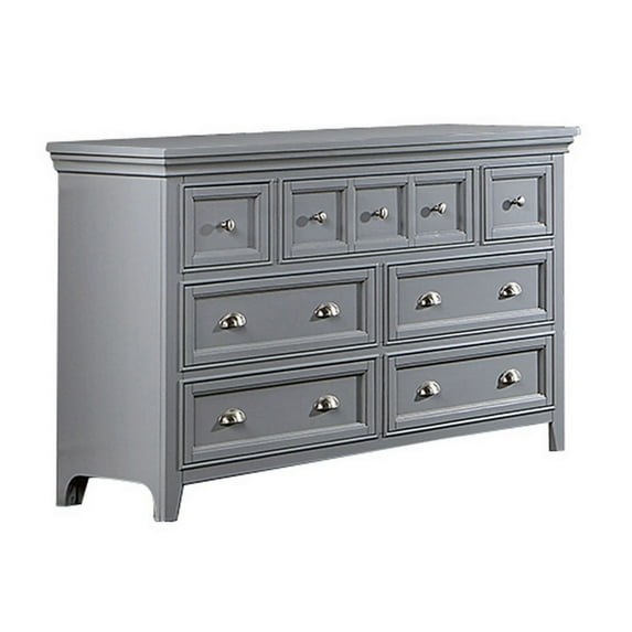 Benjara Cile 56 Inch Dresser, 7 Gliding Drawers, Gray Wood, Round Nickel Handles