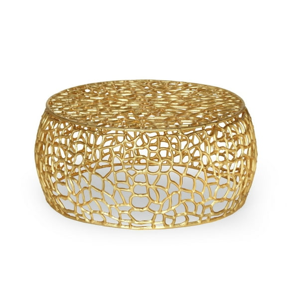 Benjara Coffee Table- 28" Round Plinth Mesh Design- Open Gold Metal Frame