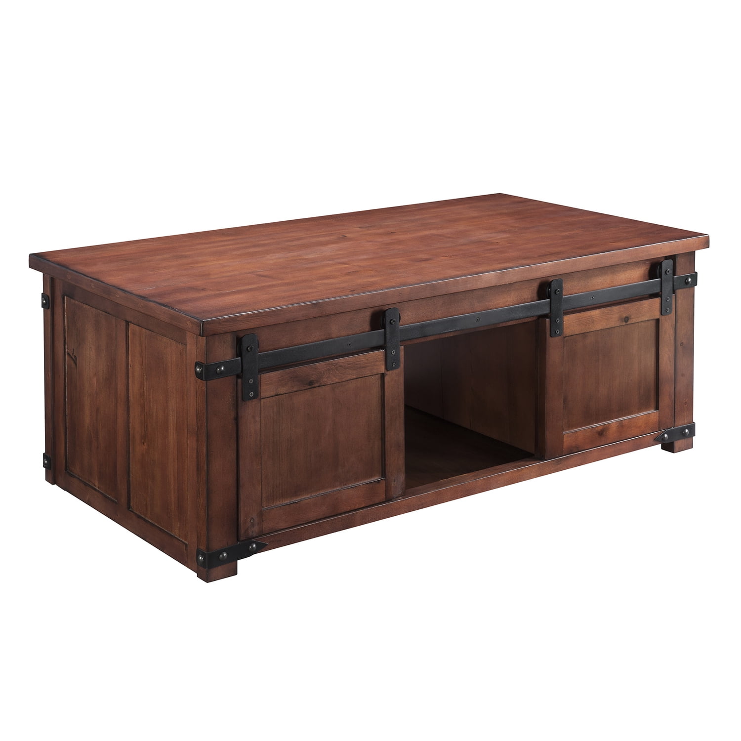 Benjara Coffee Table with 2 Barn Sliding Doors Brown