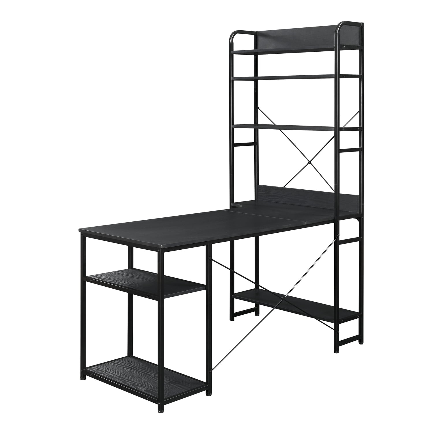 Benjara Computer Desk with 5 Tier Bookshelf and X Bar Supports, Black