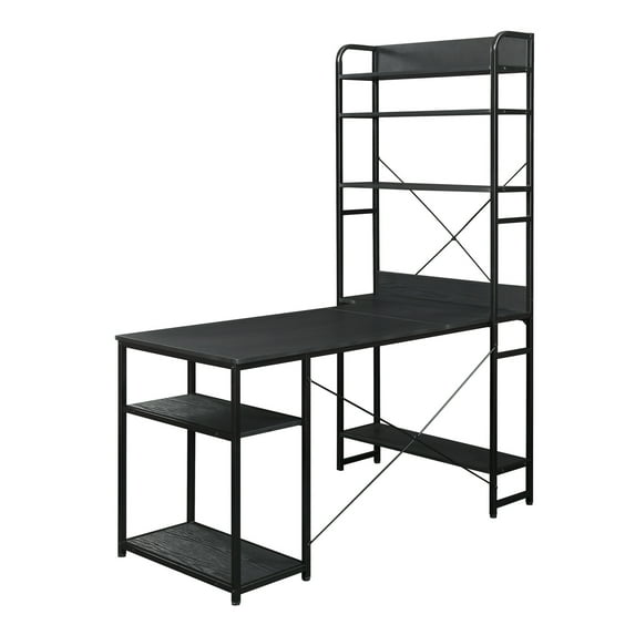 Benjara Computer Desk with 5 Tier Bookshelf and X Bar Supports, Black