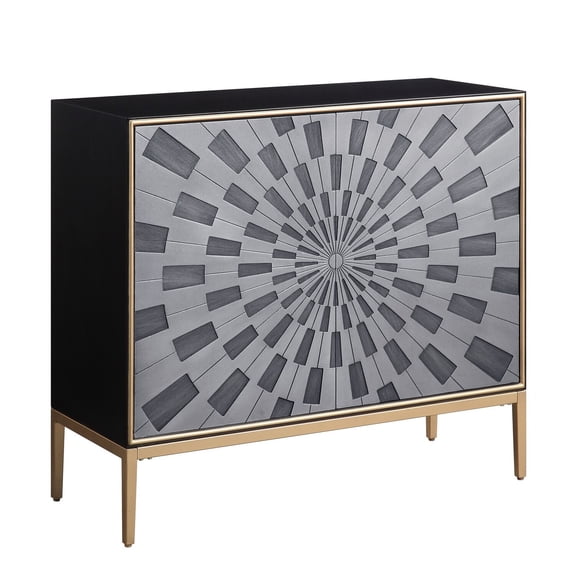 Benjara Console Table with 2 Doors and Sunburst Design- Gray