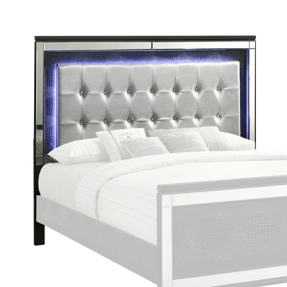 Benjara Contemporary King Size Wood Headboard with LED and Mirror Trim, White-Color:Black
