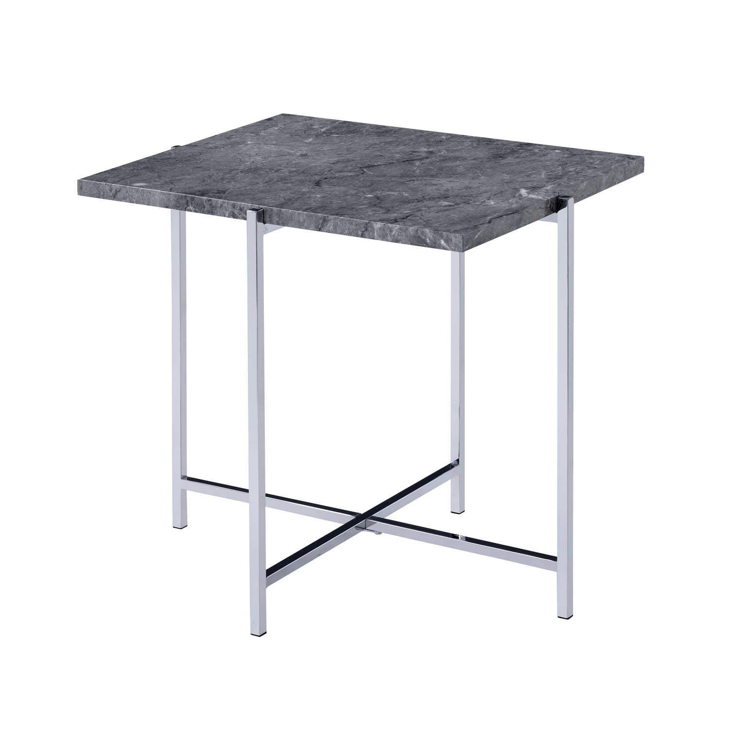 Gray and Silver Faux Marble Top End Table with Metal Base