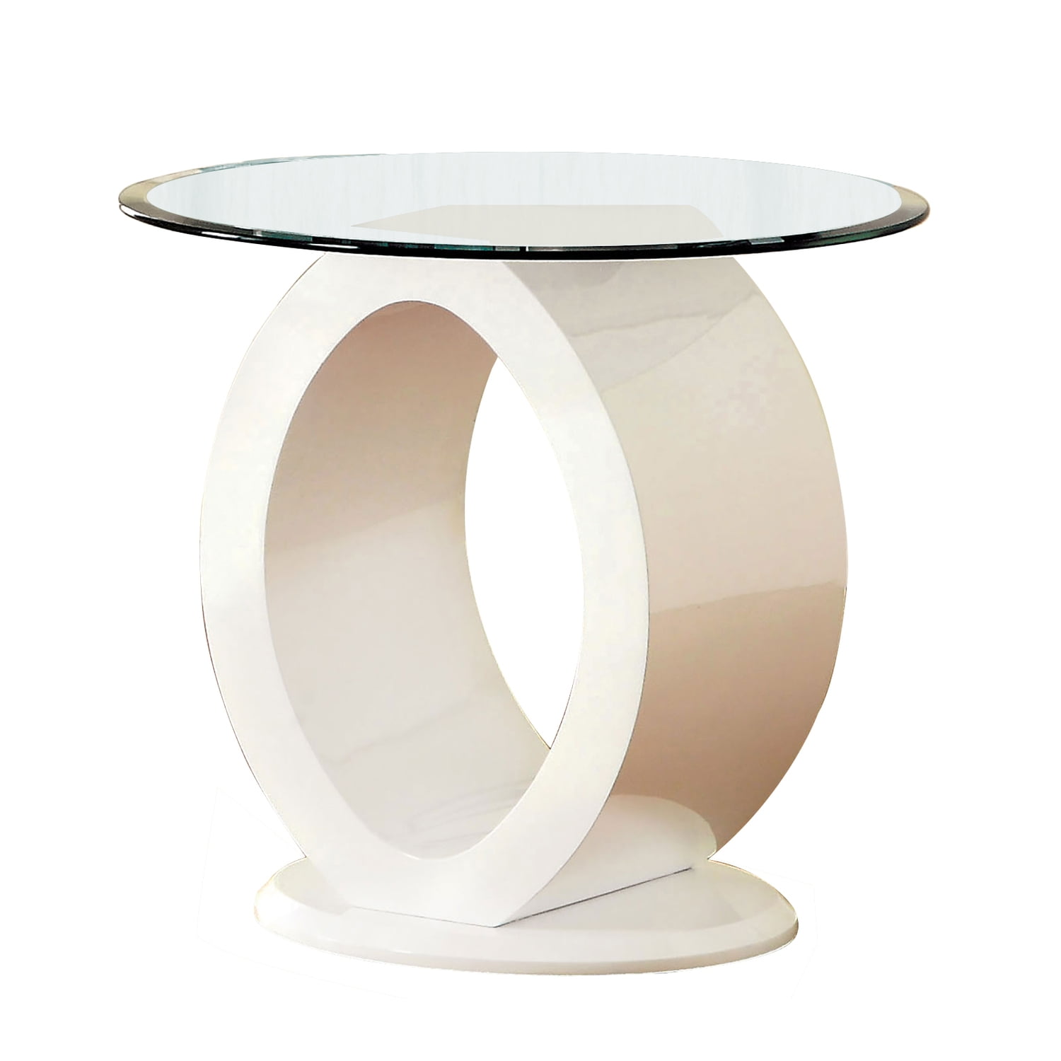Modern O-Shape Base White End Table with Tempered Glass Top