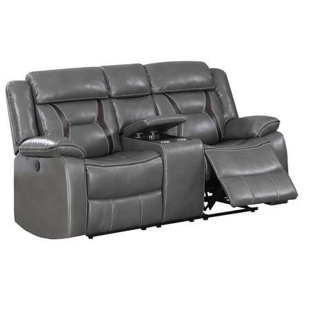 Benjara Contrast Stitched Leatherette Power Motion Loveseat with Console, Gray