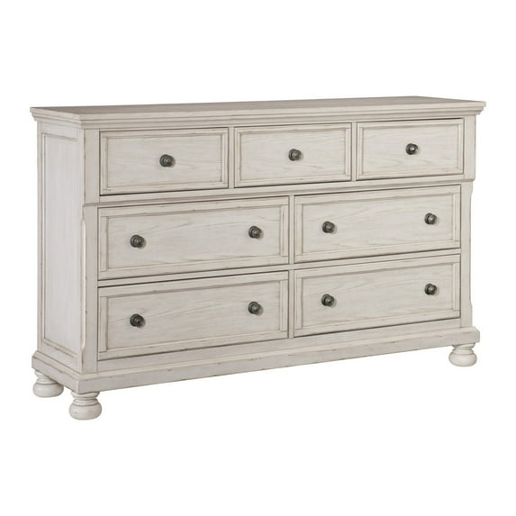 Benjara Cottage 7 Drawer Dresser with Molded Details and Bun feet, Antique White