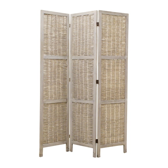 Benjara Cottage Style 3 Panel Room Divider with Willow Weaving, Gray