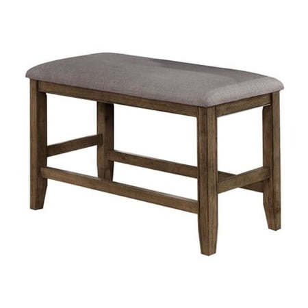 Counter Height Wooden Bench with Fabric Upholstered Seat, Brown and Gray- Saltoro Sherpi