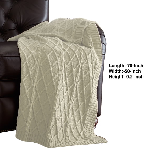 Benjara Creuse Cable Knitted Cotton Throw with Diamond Pattern The Urban Port, Cream