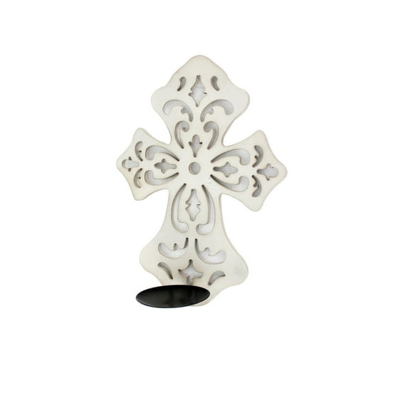 Cross Shaped Wooden Candle Holder with Scrolled Engravings, White- Saltoro Sherpi