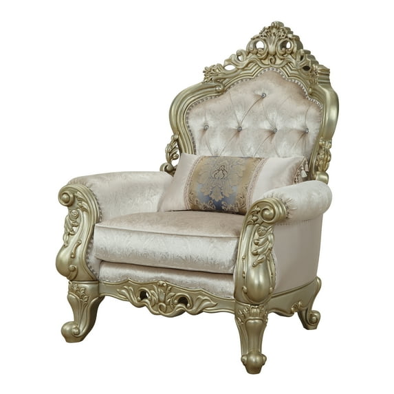 Benjara Curved Design Chair with Scrollwork and Crystal Tufting, Silver and Gold