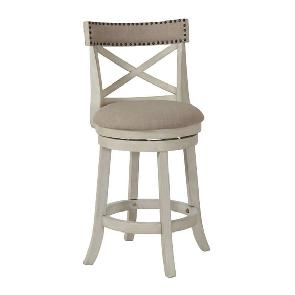 Benjara Curved X Shaped Back Swivel Counter Stool with Fabric Padded Seating, Antique White