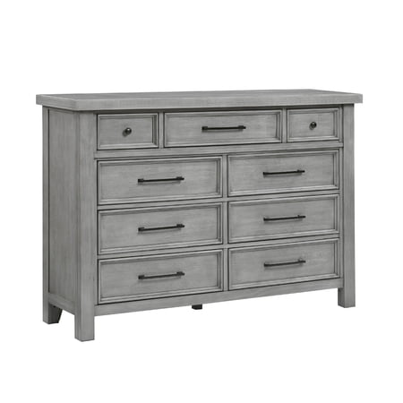 Benjara Daisy 62 Inch Dresser, Gray Mango Veneer, 9 Drawers, Bronze Metal